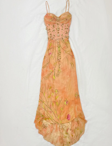Retro Orange Print Floral A Line Spaghetti Straps Chiffon Long Prom Dress Cocktail Dress HZ1023